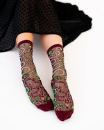 Sock Candy Serpentine Floral Black Sheer Crew Sock FW23-6 Burgundy