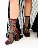 Sock Candy Serpentine Floral Black Sheer Crew Sock FW23-6 Burgundy