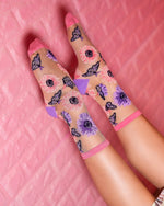Sock Candy Sunflower Butterfly Sheer Crew Sock SS23-5 Pink/Purple