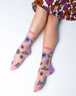 Sock Candy Sunflower Butterfly Sheer Crew Sock SS23-5 Pink/Purple
