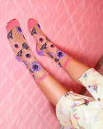 Sock Candy Sunflower Butterfly Sheer Crew Sock SS23-5 Pink/Purple