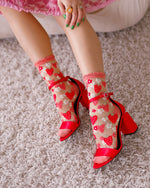 Sock Candy Strawberry Daisy Ruffle Sheer Crew Sock SS22-3 Red