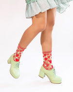 Sock Candy Strawberry Daisy Ruffle Sheer Crew Sock SS22-3 Red