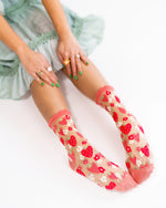 Sock Candy Strawberry Daisy Ruffle Sheer Crew Sock SS22-3 Red