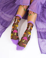Sock Candy Magic Mushrooms Black Sheer Crew Sock SS22-4-1 Purple