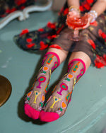 Sock Candy Cocktail Hour Black Sheer Crew Sock SS24-11 Multi Color